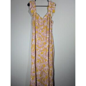 Knox Rose Tropical Maxi Dress Sz XL Yellowe Pink Palm Floral Ruffle Sleeves